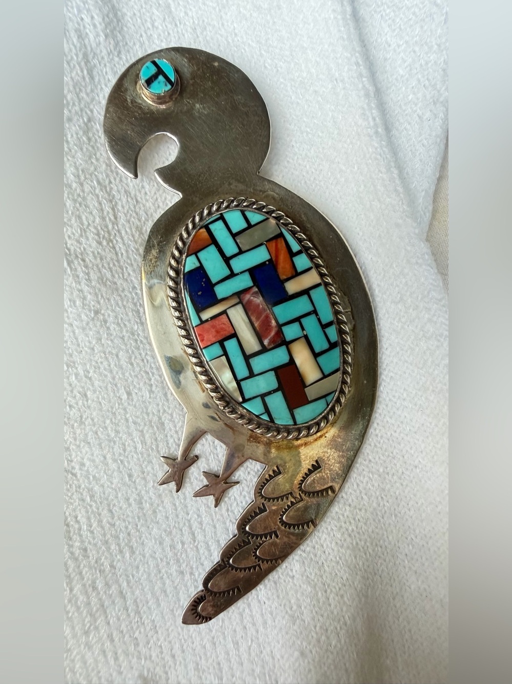 Sterling Silver Mosaic Inlay Parrot Brooch 3.5”